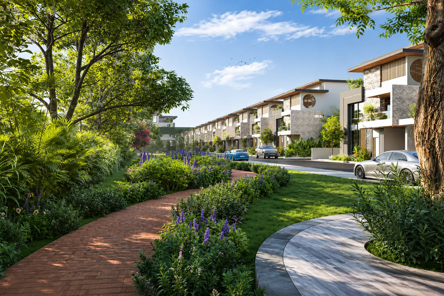 Landscaped avenue and villa cluster at Nambiar Ellegenza Phase 2, Sarjapur Road