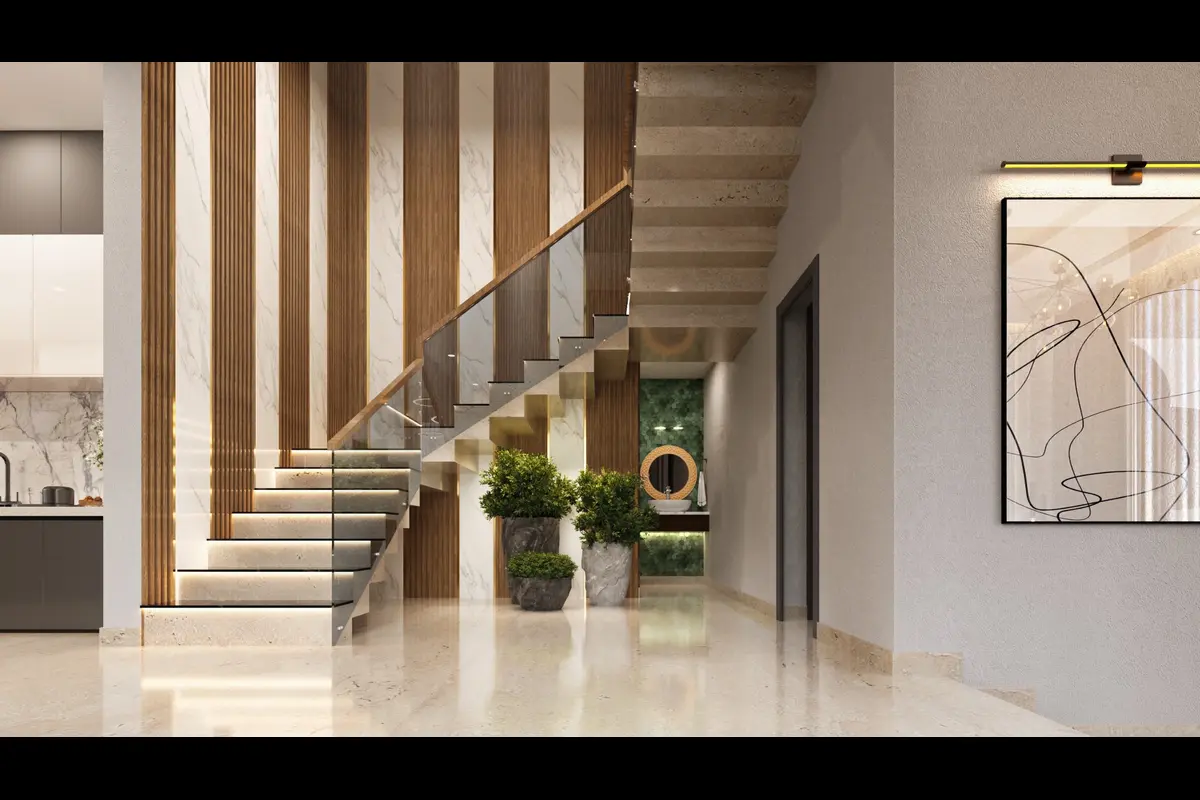 Entrance foyer and staircase inside a Nambiar Ellegenza Phase 2 villa